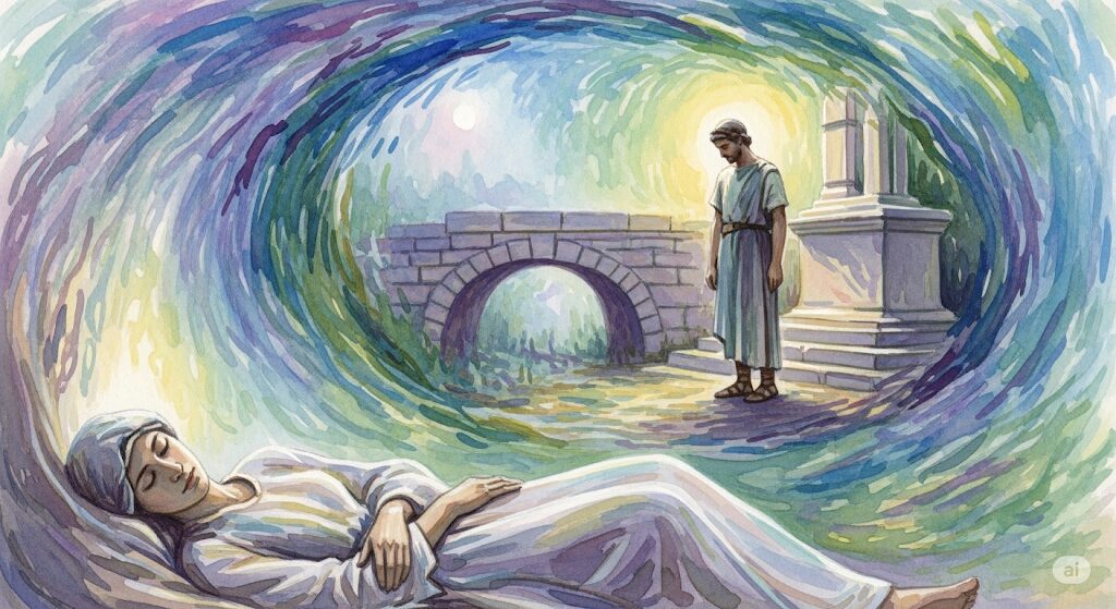 退行催眠によって「前世が人柱だった人の特徴」の根源を探る様子を描いた幻想的な水彩画。眠る人物の頭上に過去の記憶が渦として現れ、魂のルーツを辿る旅を表現しています。