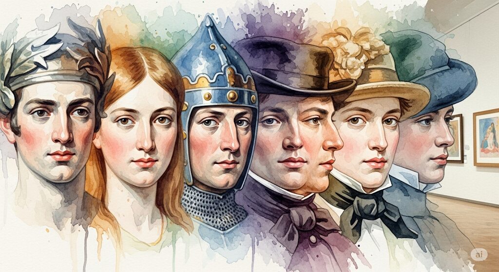 前世の顔が似てる事例として、歴史上の人物やご先祖様の肖像画が現代人と瓜二つである様子を描いたイラスト。