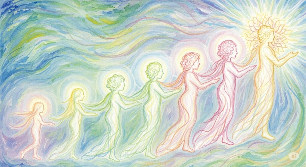 前世から転生を繰り返し魂が磨かれることで顔が似てるだけでなく美しくなる様子を、モネ風のタッチで描いた神秘的なイラスト。
