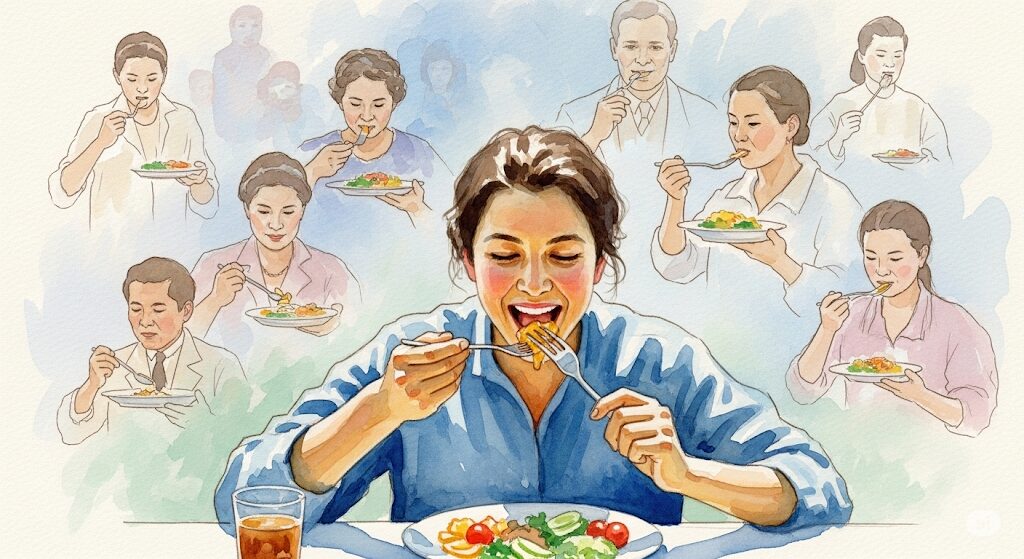 前世と顔は似てるかだけでなく、食べ物の好みなど内面的な繋がりを示すイラスト。現代の女性と過去世の人物が同じ食事を楽しんでいる。