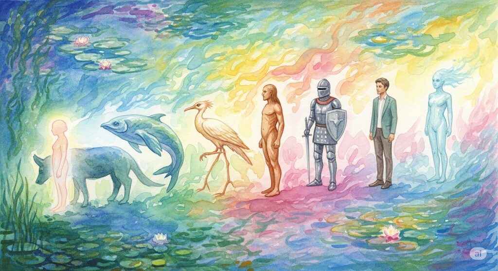 魂の成長と共に前世と顔は似てるとは限らず、様々な姿へ転生する様子を描いたスピリチュアルな水彩画。魂の進化を表現している。