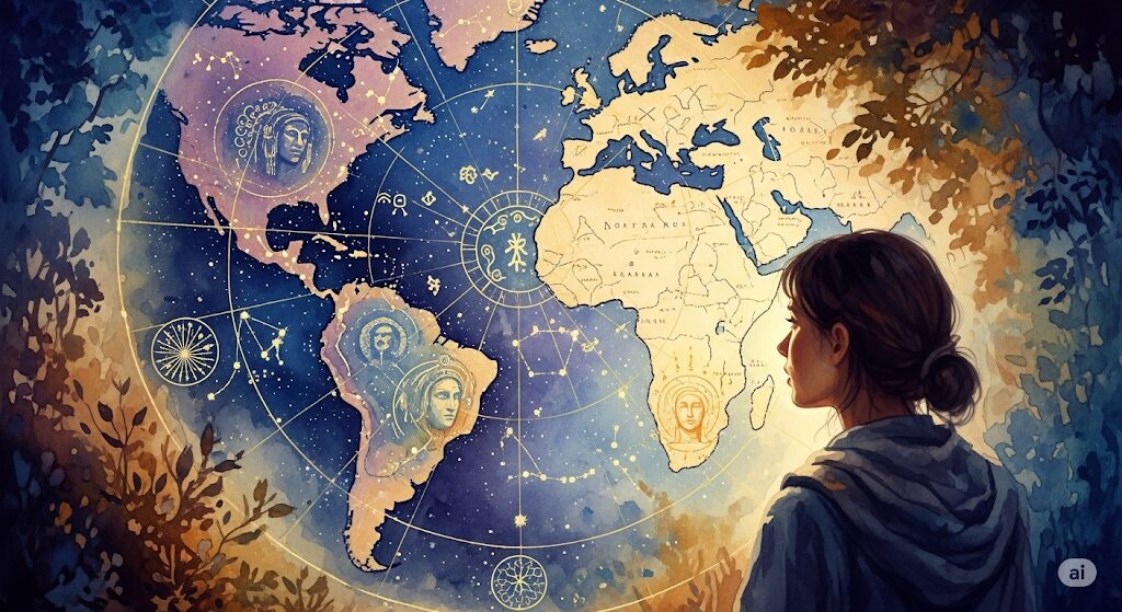 前世と顔が似てるかだけでなく、より深く魂のルーツを探る旅を描いたイラスト。女性が星図や古代のシンボルが描かれた地図を見つめている。