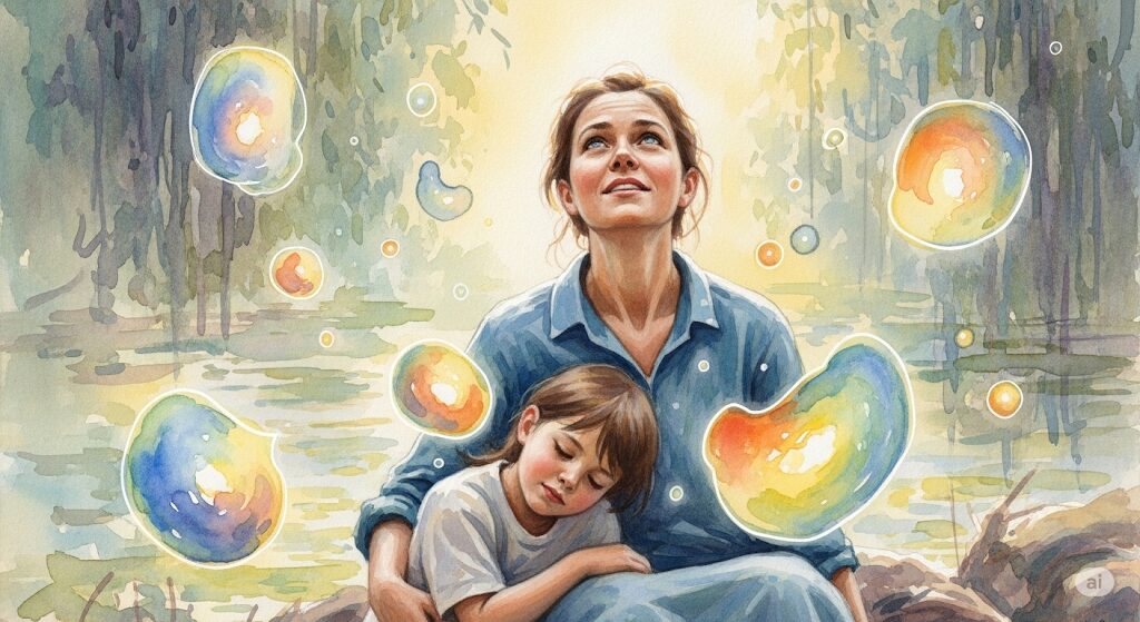 「前世で親子が逆だったのかも」と腑に落ち、子育ての悩みが解消した瞬間の親の安らかな表情を描いたモネ風水彩画