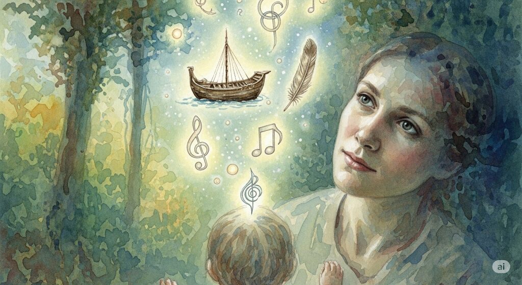 前世で親子が逆だったかもしれない子供の言動の理由を、魂の記憶（光るシンボル）から理解し、腑に落ちる親の様子を描いたモネ風水彩画