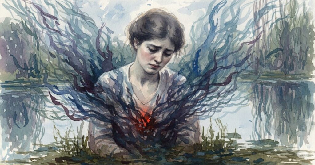 根に持つ人のスピリチュアルな意味を表現した、モネ風の水彩画。女性が心の重荷を抱えている様子を、青や紫の神秘的な色使いで描いた画像です。