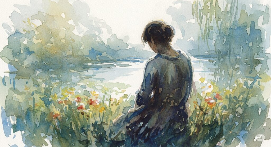 なぜか根に持たれる人のスピリチュアルな意味を表現した、モネ風の水彩画。花畑を背に、どこか寂しげな雰囲気を醸し出す人物を、青や緑の穏やかな色調で描いた画像です。