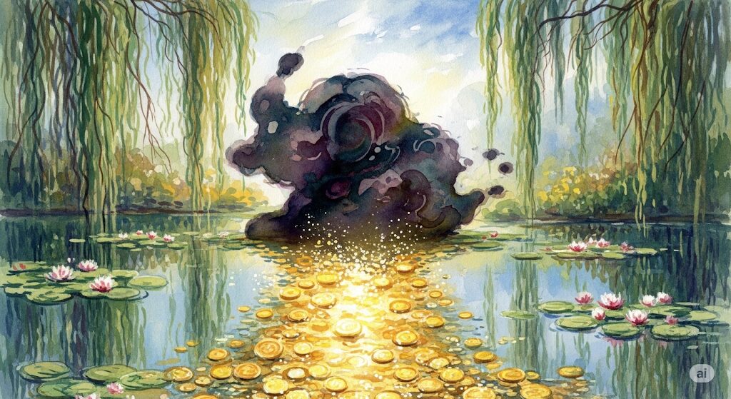根に持つ念が金運の流れを滞らせる様子を表現した、モネ風の水彩画。暗い色の塊が、金貨の流れを遮るように描かれた神秘的な画像です。