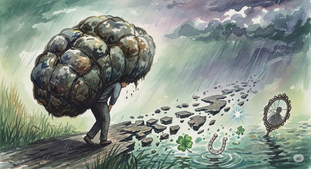 心のしこりが健康運に与える影響を表現した、モネ風の水彩画。重い荷物を背負い、不安定な道を歩く人物を、憂鬱な色調で描いた画像です。