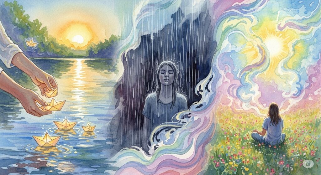 根に持つことをやめたい時の魂の浄化法を表現した、モネ風の水彩画。折り紙の船を川に流すなど、心を浄化する様子を描いた神秘的な画像です。