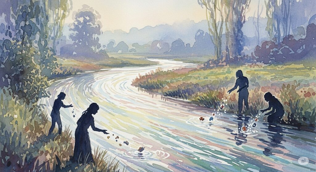 過去の執着を手放すスピリチュアルワークを表現した、モネ風の水彩画。複数の人物が、光の川に何かを放つ様子を描いた神秘的な画像です。