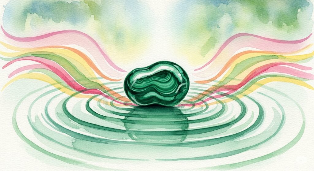 心を癒すパワーストーン、マラカイトの力を表現した、モネ風の水彩画。マラカイトから優しい光が広がり、心を癒す様子を描いた神秘的な画像です。