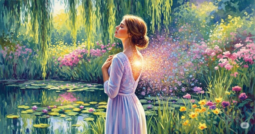 モネ風の水彩画で描かれた、背中にゾワゾワとしたスピリチュアルな感覚を感じる女性の画像。