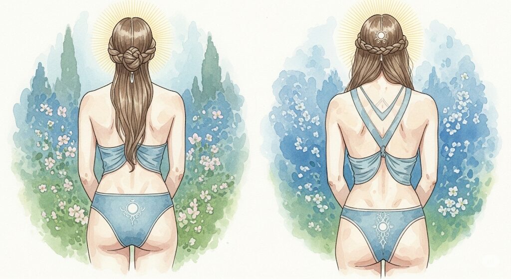 背中上部と下部のゾワゾワにそれぞれ違うスピリチュアルな意味があることを描いた、モネ風の水彩画。