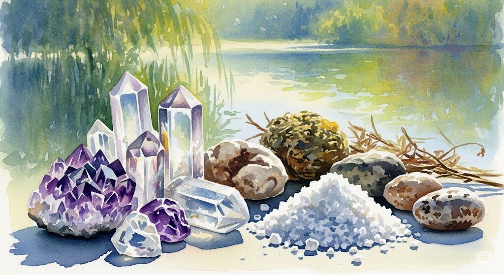 背中ゾワゾワなどスピリチュアルな浄化に役立つ、水晶と粗塩をモネ風水彩画で描いた画像。