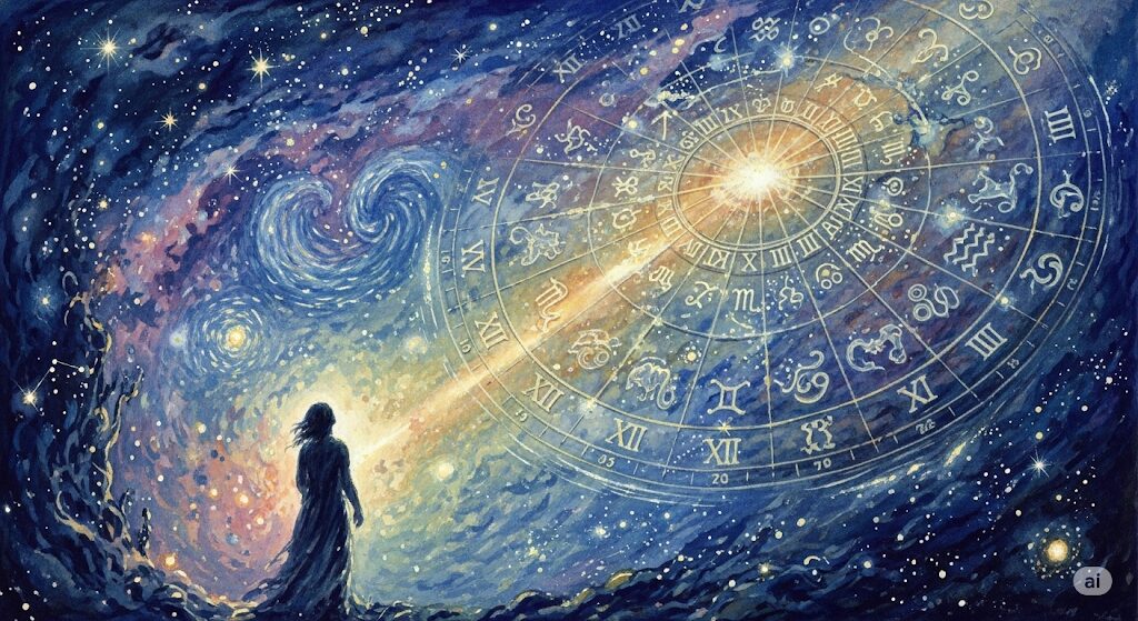 生年月日と守護霊の関係を問う神秘的な画像。宇宙的な暦を見つめる人物は、守護霊の調べ方が運命とどう関わるかを思索させます。