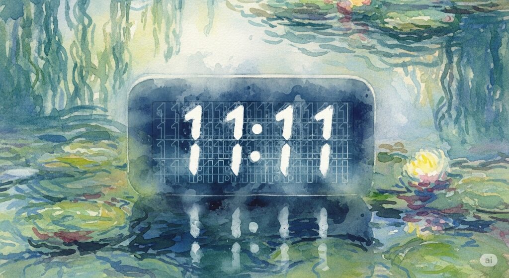 守護霊に守られてる人が目にするサインの一例、デジタルの時計に「11:11」のゾロ目が表示されている神秘的な水彩画