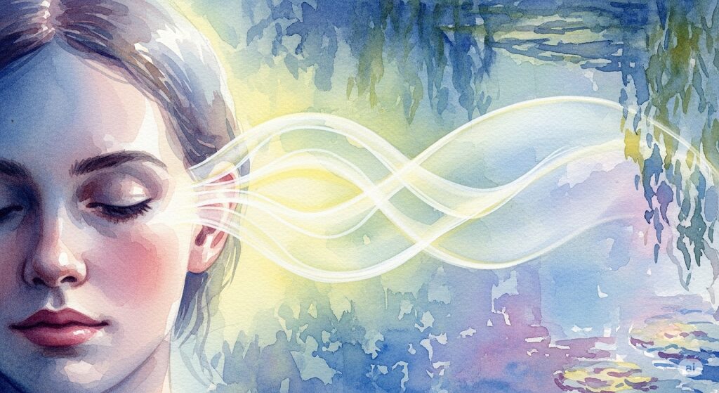 守護霊に守られてる人が聞くスピリチュアルな耳鳴りを表現した水彩画。女性の耳から光の波が出ている神秘的な様子。