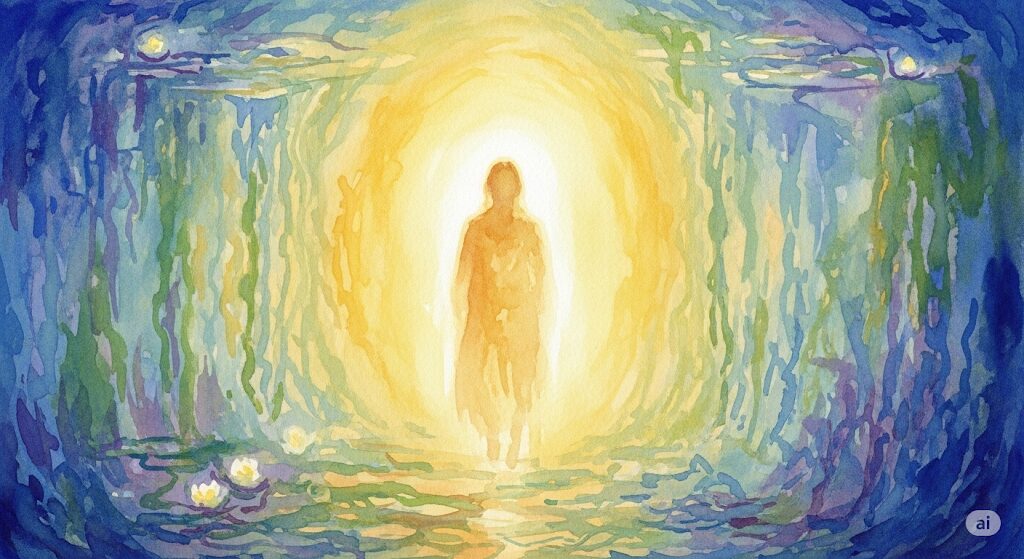 守護霊に守られてる人が感じる大きな安心感を表現した水彩画。温かい光のオーラに優しく包まれている人物の姿。