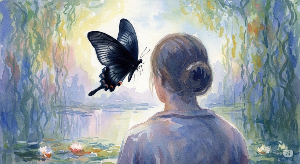 守護霊に守られてる人のもとに現れる黒色の蝶を描いた水彩画。変化の象徴である黒い蝶が人物の周りを優雅に舞っている。