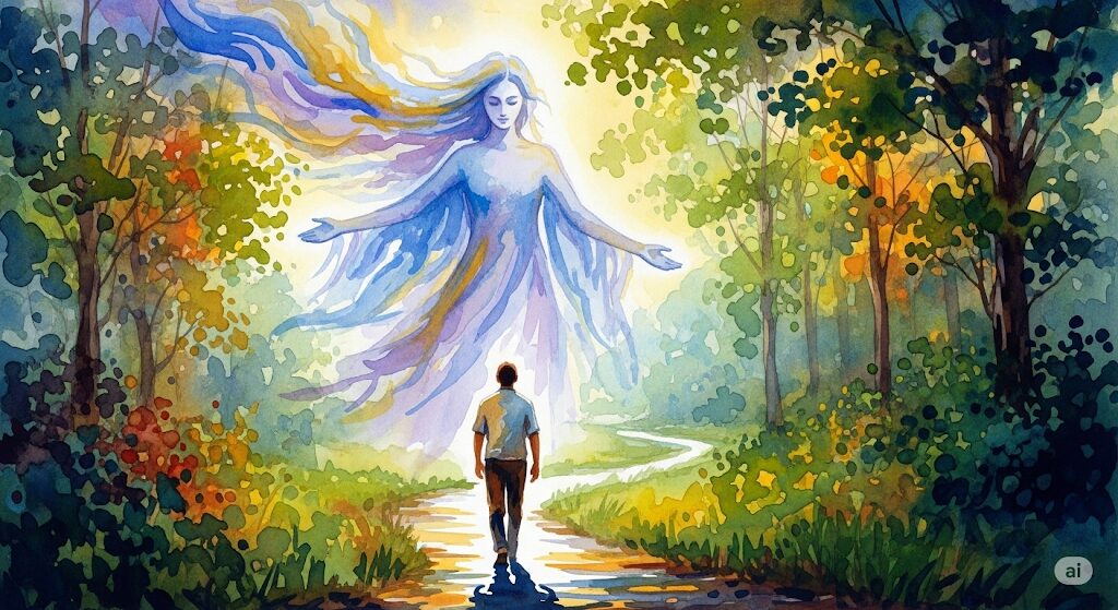 守護霊の役割を描いた絵画。霊的な存在が人生の道を歩む人物を優しく導き、守っています。この役割も「守護霊 どうやって決まる」かという点に関連します。
