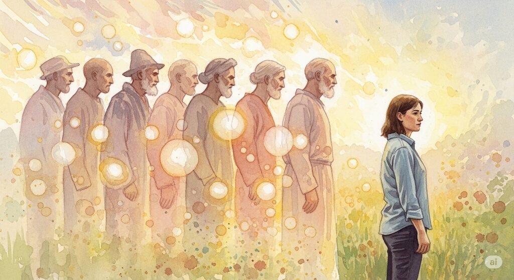 ご先祖様が守護霊になる様子を描いた絵。「守護霊 どうやって決まる」かの一つの答えとして、過去の先祖たちが現代の人物を見守る姿が描かれています。
