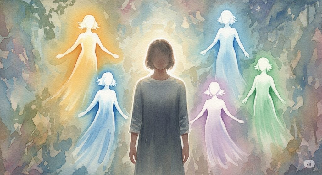 複数の守護霊がいる様子を描いた水彩画。一人の人物が、それぞれ異なる光を放つ複数の霊的な存在に囲まれ、守られている様子がわかります。「守護霊 どうやって決まる」かを考える上で、複数存在するという視点を示しています。