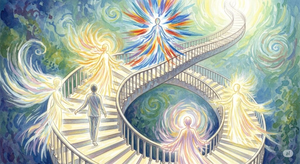 魂の成長段階が「守護霊 どうやって決まる」かに影響する様子を描いた絵。光の階段を上る人物が、ステージごとに異なる霊的存在に出会う姿が描かれています。