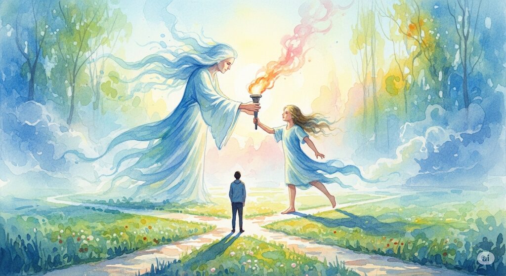 守護霊が交代する瞬間を描いた水彩画。人生の岐路に立つ人物の後ろで、一体の守護霊が別の守護霊へと光のバトンを渡しており、「守護霊 どうやって決まる」かの答えが固定的ではないことを示唆しています。