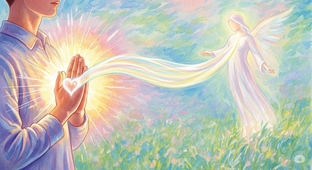 守護霊とつながる方法を象徴する絵。感謝を捧げる人物の心から、霊的な存在へと光のエネルギーが流れています。「守護霊 どうやって決まる」かを理解した後、関係を築く方法を示唆しています。