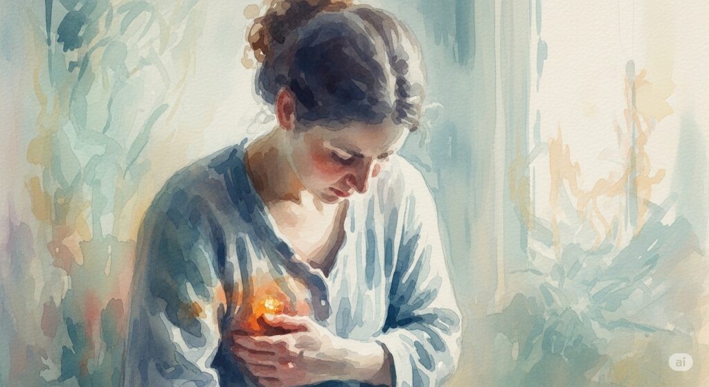 守護霊が知らせる病気のメッセージとして、体の不調を感じる女性の水彩画。胸のあたりの光が違和感を象徴しています。
