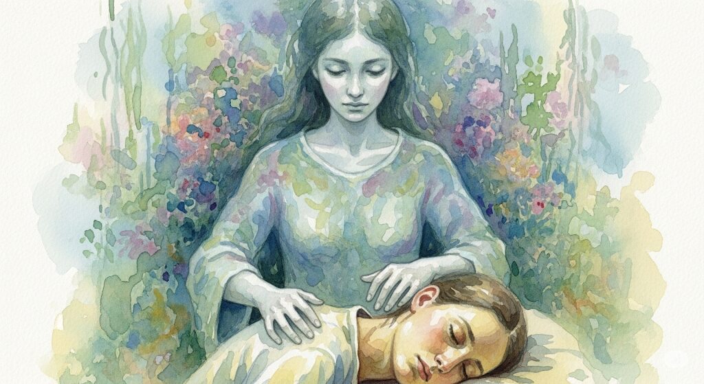 守護霊が病気のメッセージを使い、無理をさせないように動きを止める様子を描いた水彩画。休む人を優しく見守っています。