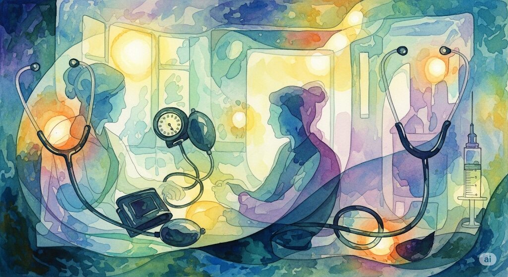 守護霊からの病気のメッセージを受け、健康診断を受診する重要性を示す画像。抽象的で安心感のあるタッチで描かれています。