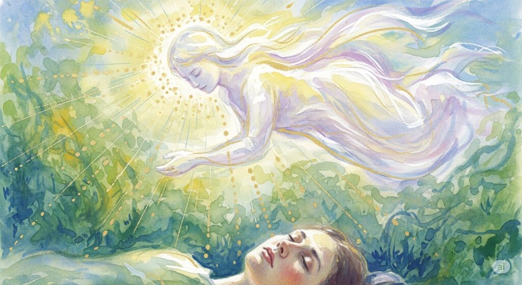 体調不良で横になる女性を癒す守護霊の姿を描いた水彩画。時に涙が出るような辛い状況でも、守護霊がサインを送り見守っていることを象徴。