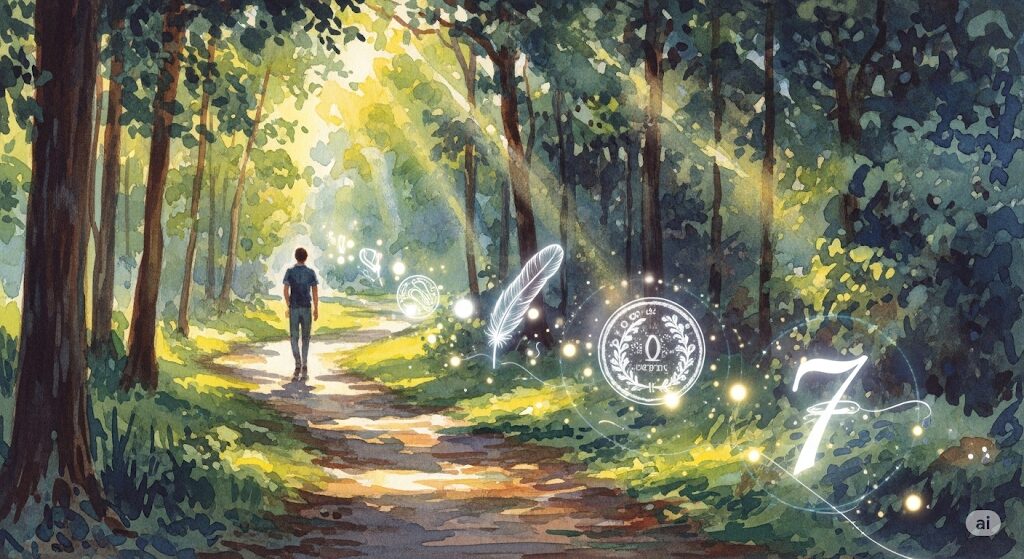 日常の道に現れる羽や数字といった守護霊からのサインを描いた水彩画。時に涙が出るような気づきは、こうしたサインから得られることもある。