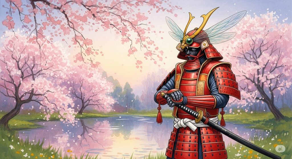 守護霊の武士の特徴を捉えた、モネ風の神秘的な水彩画。赤い鎧とトンボの兜を身につけ、忠実で強い意志を持つ姿が描かれています。