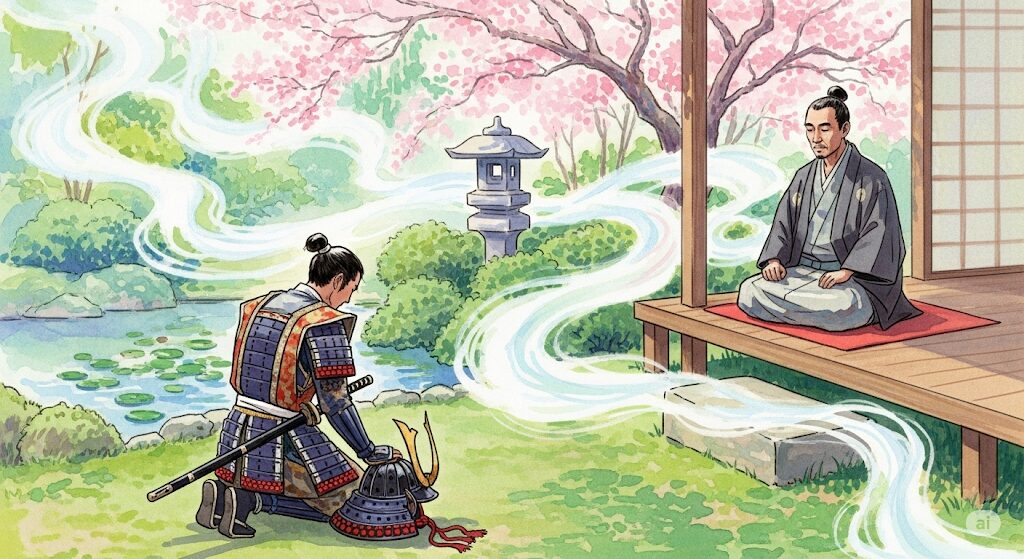 モネ風の神秘的な水彩画。主君に忠誠を誓い、ひざまずく「武士」。この絶対的な忠義は、「守護霊」が持つ重要な「特徴」の一つを象徴している。