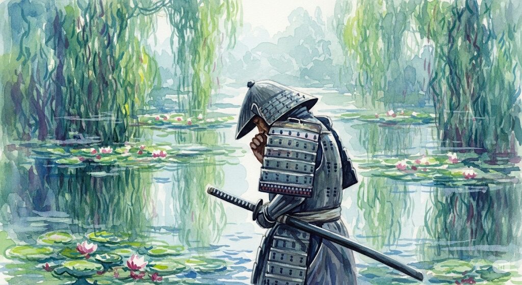 モネ風の神秘的な水彩画。「武士」が静かにたたずみ、その誠実さを示している。これは「守護霊」が持つ重要な「特徴」の一つである。