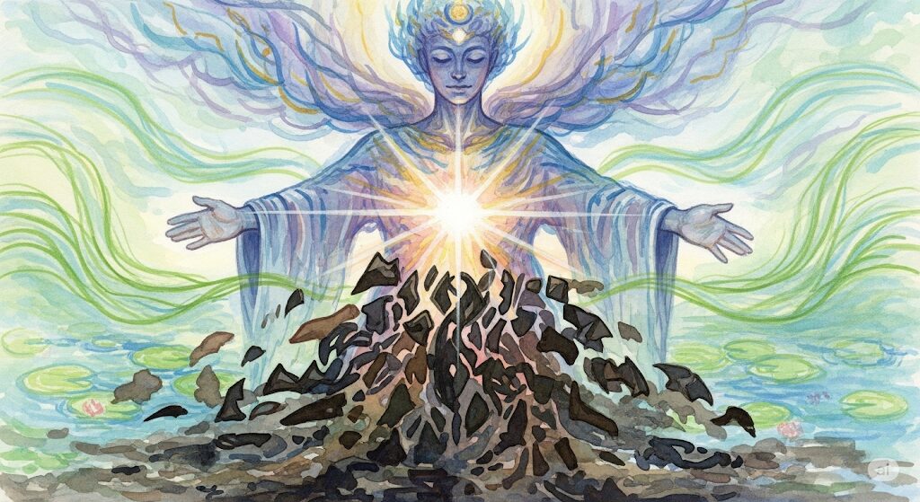 モネ風の神秘的な水彩画。光の存在が悪を退ける様子は、「不正を許さない」という「武士」の「守護霊」が持つ力強い「特徴」を象徴している。