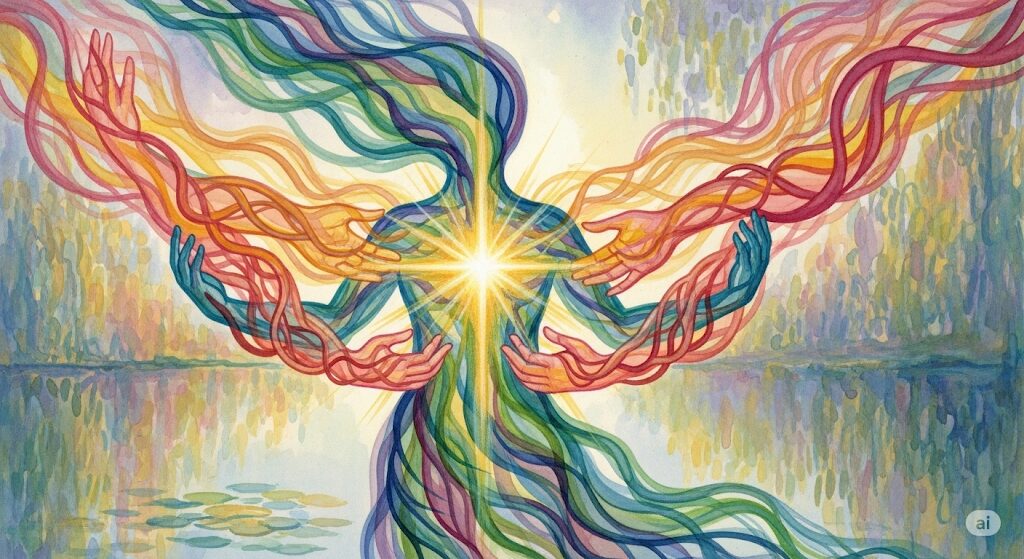 モネ風の神秘的な水彩画。見えざる力に支えられ、精神が強固になっていく様子。「武士」の「守護霊」によるサポートという「特徴」を表現している。