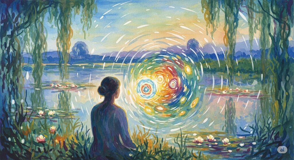 モネ風の神秘的な水彩画。物事の本質を見抜く鋭い直感を、渦巻く光に見入る人物で表現。「武士」の「守護霊」を持つ人のスピリチュアルな「特徴」である。