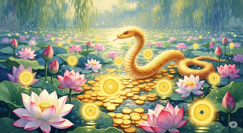 金色の蛇が輝く古銭と蓮の間を進む様子。守護霊としての蛇がもたらす金運上昇のエネルギーを表現。