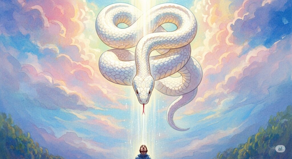光を放つ白い蛇が水面を漂う神秘的なイラスト。守護霊である白蛇の持つ浄化や幸運の特別な力を表現。