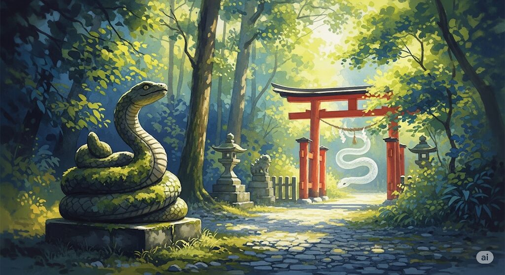 鳥居の奥に白い蛇が現れる神社の水彩画。守護霊である蛇と深い繋がりを持つ神聖な場所を表現。