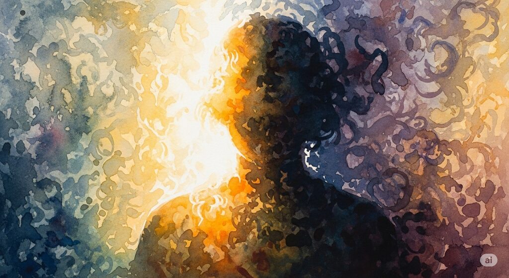 霊視で見える善悪の心と「守護霊 左肩」の関連性を描いた抽象画。人物の片側は善意の光、もう片側は邪気を示す影で描かれている。