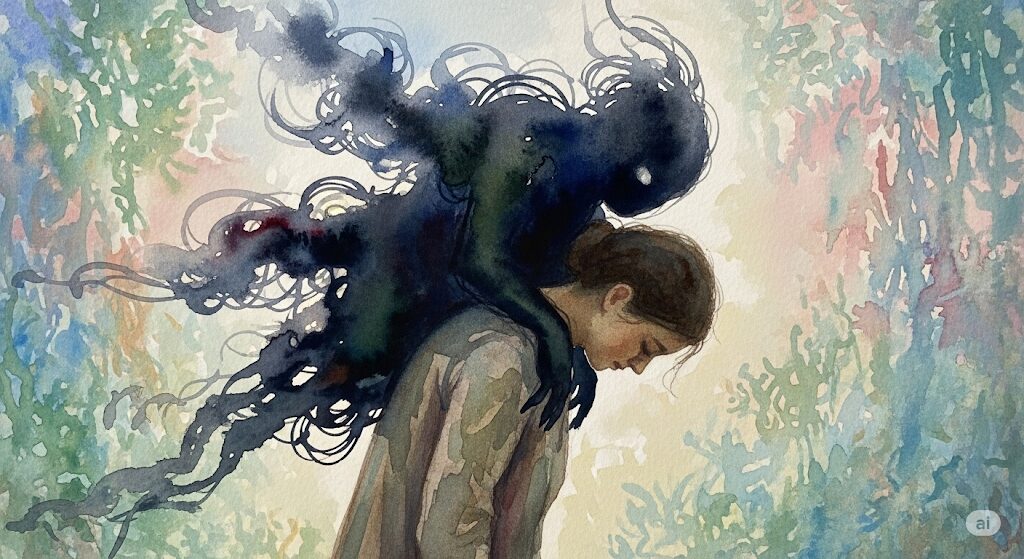 「守護霊 左肩」とは異なる、生霊の影響による肩の重さを描いた水彩画。人物の肩に重くのしかかる影が、左肩にいる守護霊の助けを遮っている様子。
