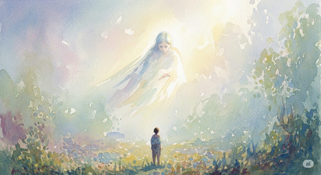 守護霊とは何か、その答えを暗示するように、柔らかな光に包まれた霊的存在が遠くから人物を見守る様子を描いた水彩画。「守護霊はどこにいるか」という問いに、導き手としての存在感を示す。