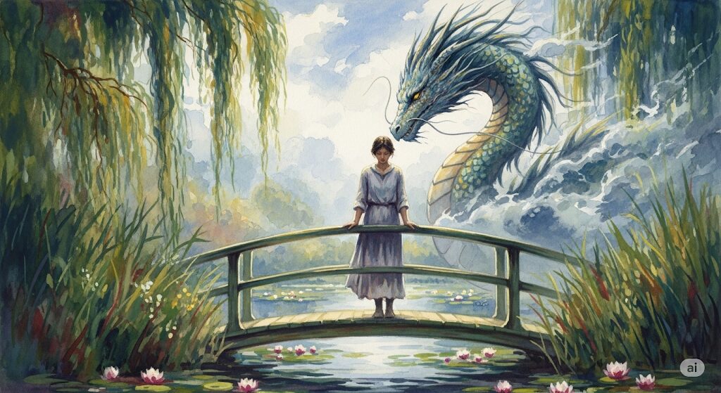 守護霊が龍神系である人の恋愛傾向を描いたイラスト。モネの絵画のような橋の上で物思いにふける女性を、龍神が優しく見守っている。