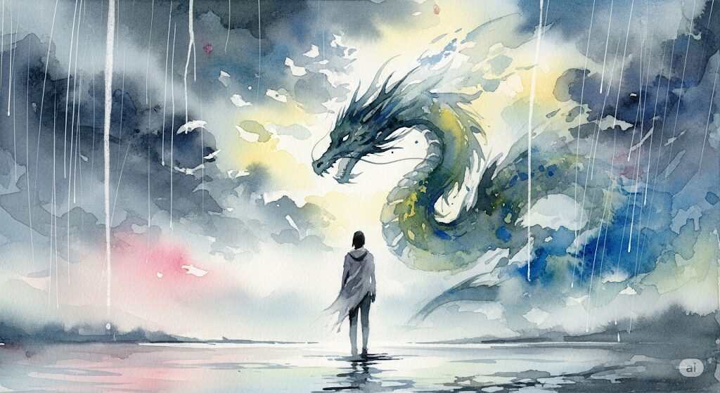 守護霊が龍神系の人が雨を呼ぶとされる様子を描いた神秘的な水彩画。雨が降る水辺に佇む人物と、天候を司る力強い龍神の姿。
