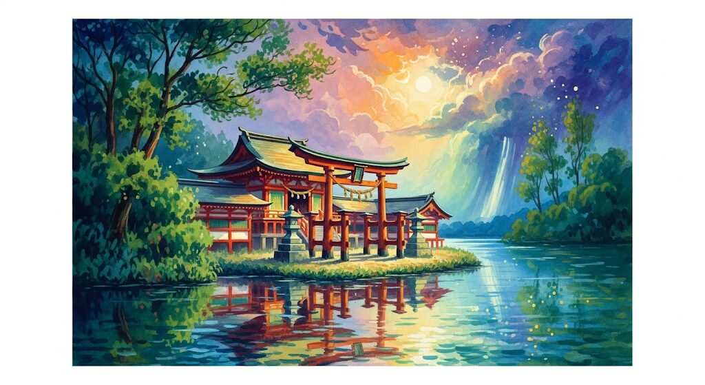 守護霊が龍神系の人と縁が深い神社をイメージした神秘的な水彩画。モネ風のタッチで描かれた水辺の社と鳥居が、幻想的な光に照らされている様子。