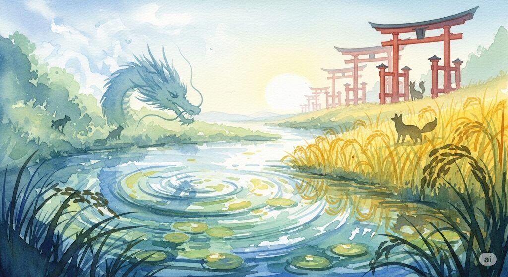 守護霊が龍神系と稲荷系（狐）の相性を描いた水彩画。緑豊かな森の中で、青い龍神とオレンジ色の狐が穏やかに見つめ合う、モネ風のイラスト。